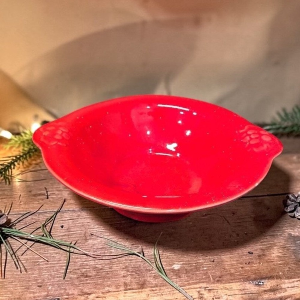 Cal Style Red Drip Glaze Bowl, Vintage USA Pottery, Dual Handle Holly Design